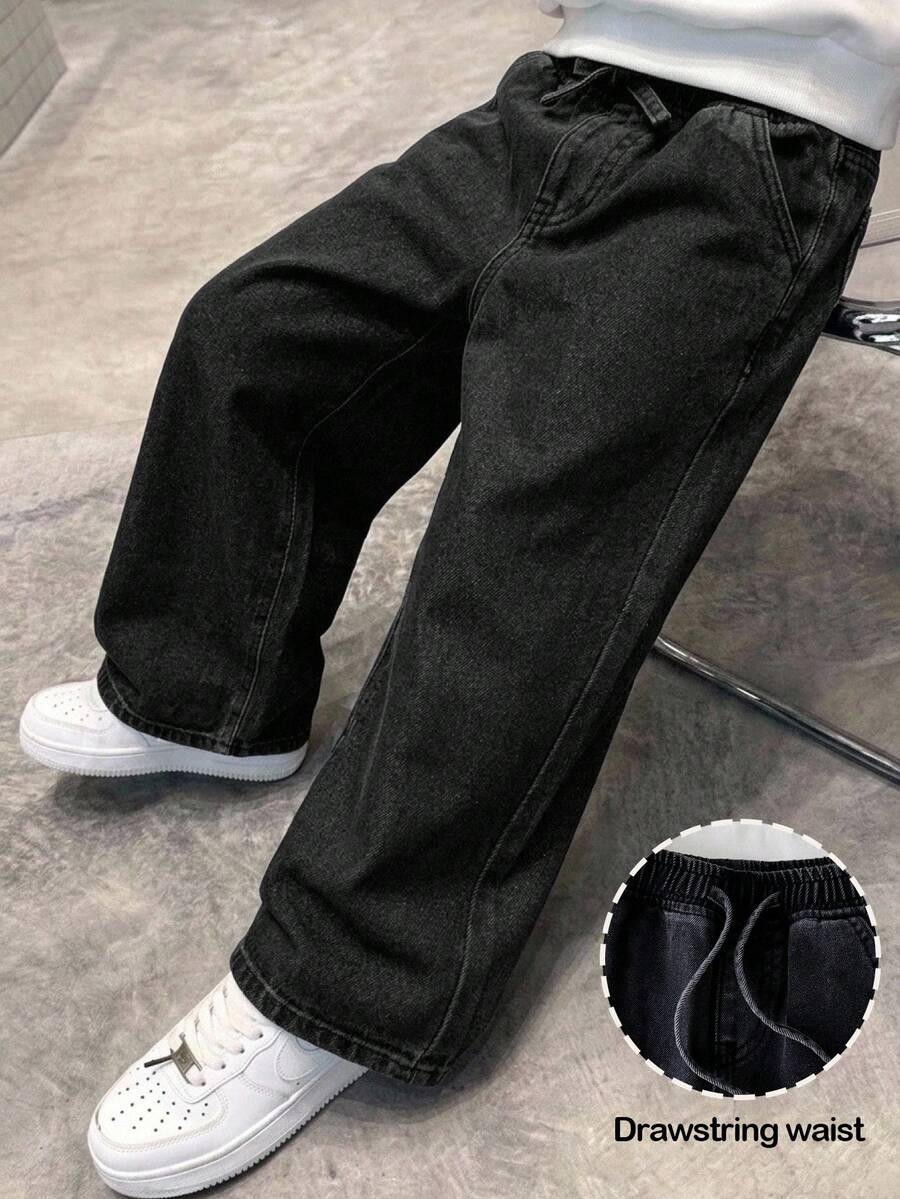 Kids Young Boys'Distressed Basic Drawstring Waist Black Denim Loose Pants,Fall/Winter,For Boys Back To School Clothes And Streetwear,Toddler Jeans - Black - View 1