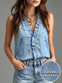 EMERY ROSE Blusa sin mangas con cuello en V, volantes y estampado de strass de colores en denim azul, top holgado casual y versátil - Azul - Ver 1