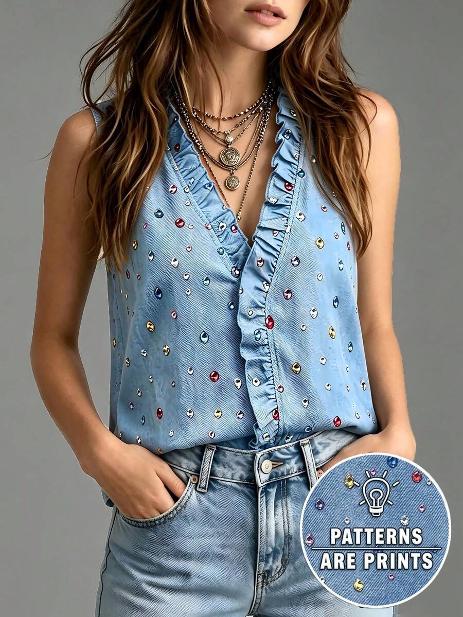 EMERY ROSE Blusa sin mangas con cuello en V, volantes y estampado de strass de colores en denim azul, top holgado casual y versátil - Azul - Ver 1