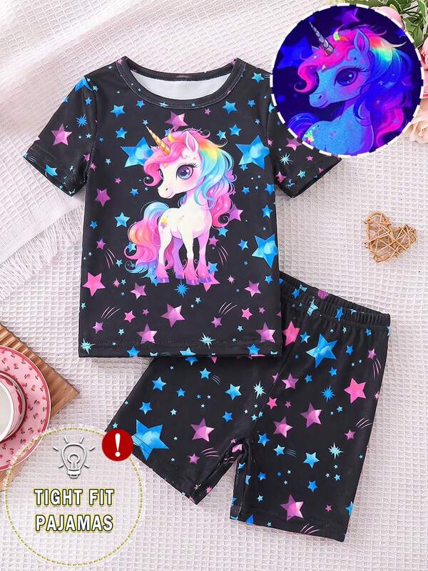3pcs/Set Random Young Girls Cartoon Unicorn Print Tight Fit Short Sleeve Shorts Pajama Sets, Glow-In-The-Dark Under UV Light, Spring/Summer