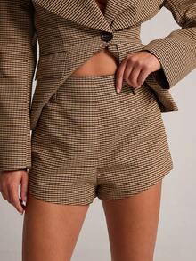 SHEIN BAE شورت بليزر نسائي بنقشة مربعات عتيقة متعددة الاستخدامات، للمكتب والعمل - كاكي - مشاهدة 6