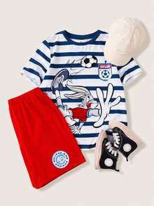LOONEY TUNES X SHEIN Tween Boy Striped Cartoon Print T-Shirt & Shorts Set - Blue - View 3