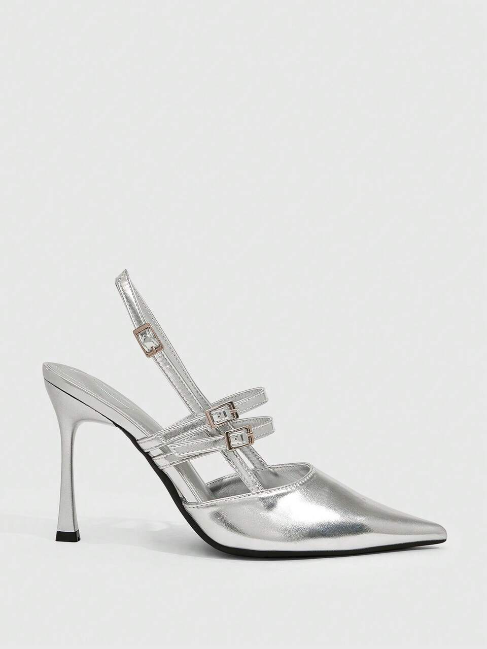 CUCCOO SZL Silver Metal Pointed Empty Heels Women, Double Buckle Stiletto Slingback Sandals, Spice Girl Style Banquet Shoes