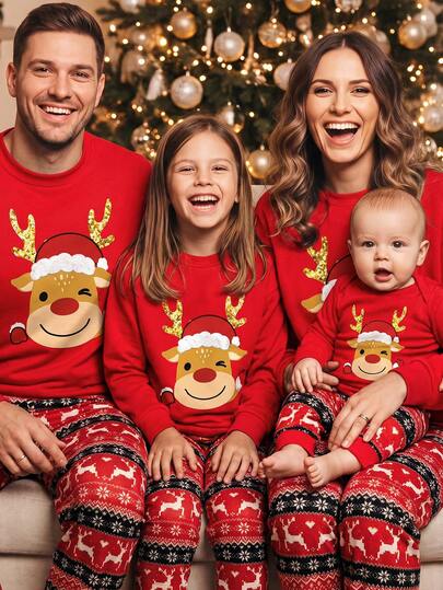 SHEIN Infant (Boy) Red Christmas Pattern Reindeer Snug Fit Crew Neck Long Sleeve Long Pants Loungewear