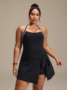 SHEIN Rhythm Era Women's 2 In 1 Tie-Front Hip-Covering Slimming Anti-Exposure Dress - Black - View 1