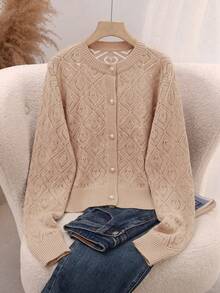 SHEIN Clasi Solid Color Hollow Knit Plus Size Cardigan - Khaki - View 4