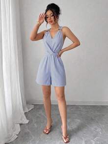 Elenzga Women's Spring/Summer Exquisite Elegant Commuter Blue And White Striped V-Neck Small Circle Decorative Buckle Bow Tie Design Sleeveless Fitted Slim Versatile Jumpsuit - Blue - View 3