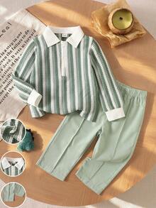 Souflis 2pcs Baby Boy Polo Top + Pants Outfit Preppy Green Striped Ribbed Half-Zip Long Sleeve Polo Collar Sports Fall Jogging Cargo Cozy Back To School - Green - View 3