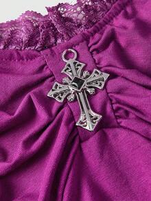 ROMWE Women's Mini Dress Cross Y2K Ruched Tiered Cake Skirt Spaghetti Strap Goth - Purple - View 3