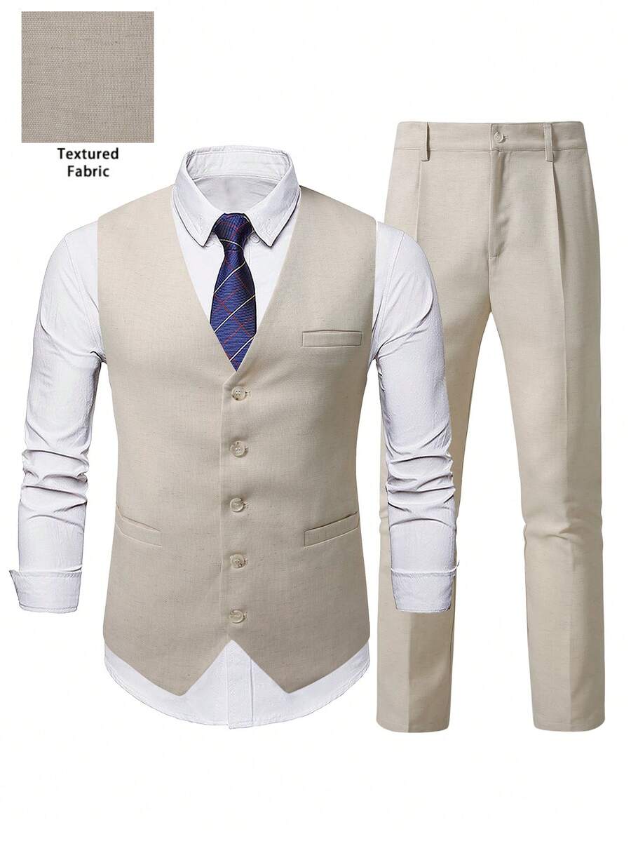 Manfinity Mode Men's Business Commute Vest & Pants Suit Set - Beige - View 1