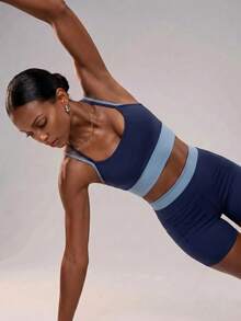 Zivah Women's Colorblock Patchwork Halter Top And Shorts Sports Set - Navy Blue - View 10