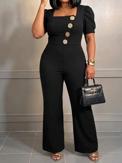 Slaydiva Plus Size Women's Jumpsuit, Square Puff Sleeve Big Button Wide Leg Suit Romper