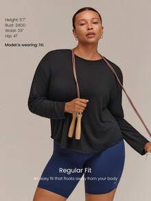 GLOWMODE Plus Size UPF50+ Sun Protection Glow On Regular Fit Long Sleeve Crewneck With Airy Back Slit & Dropped Shoulders Daily Casual Fall - Black - View 2