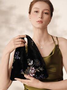 MOTF WOMEN'S FASHION HANDBAG, CLASSIC BLACK VELVET, DELICATE SEQUINED FLOWERS, SUITABLE FOR EVERYDAY, DATING, SHOPPING, HOLIDAY GIFTS - Black - View 5