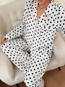 Napfluff Polka Dot Bubble Crinkle Cardigan Lapel Long Sleeve Pajama Set For Women - Black and White - View 5