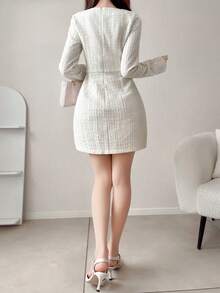 FRIFUL Women's Early Autumn New Korean Style Cinched Waist Short Dress With Metal Button Decor Long Sleeve Cute Tops - Beige - View 2