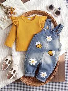 SHEIN Vintaside Kids 2件組女嬰幼兒0-3歲春秋保暖奶油黃水藍色荷葉袖上衣搭配水洗牛仔吊帶褲 3D雛菊蜜蜂設計 - 黃色 - 查看 9