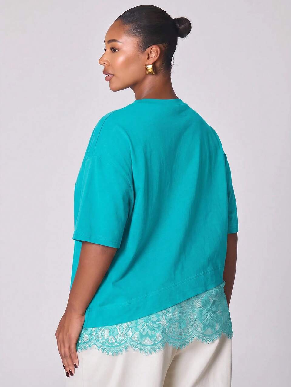 Lace Hem Trim Oversized Tshirt NewYear Cute Sexy Going Out Evening Party Accented Spring Summer Casual Elegant Mothers Day