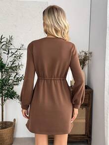EMERY ROSE Gaun Kasual Wanita Warna Polos untuk Sehari-hari di Musim Gugur, Cocok untuk Makan Siang atau Makan Siang, Warna Cokelat Kopi - Coklat - View 2
