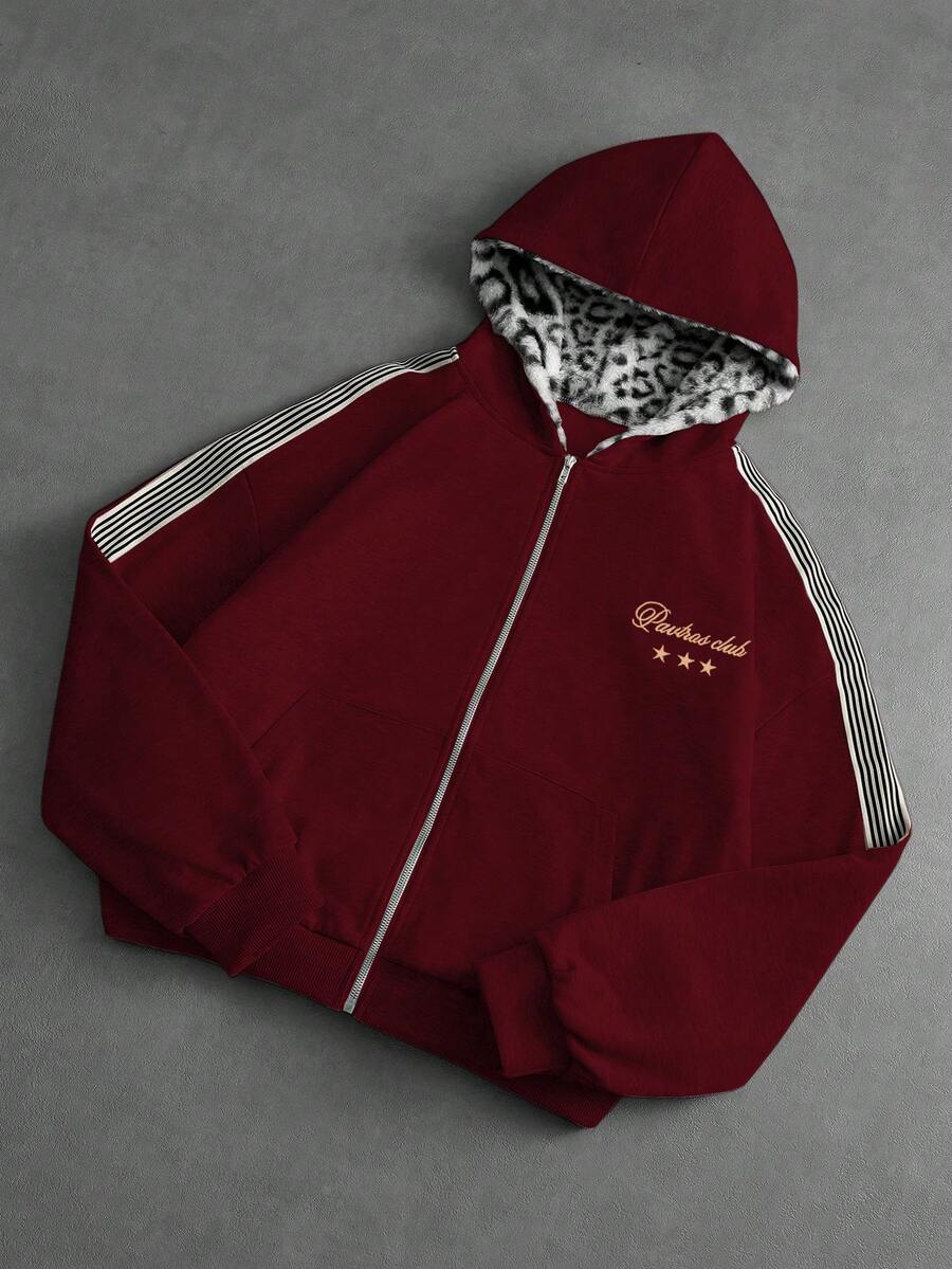 PAVTROS 男士青年街頭休閒寬鬆復古 Ins 風格連帽針織開襟毛衣衛衣,毛絨豹紋印花布料,奢侈品牌 Logo,適合街頭日常與登山 - 酒紅色 - 查看 1