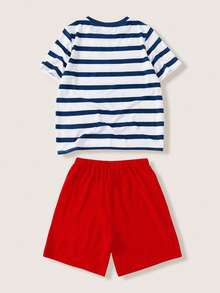 LOONEY TUNES X SHEIN Tween Boy Striped Cartoon Print T-Shirt & Shorts Set - Blue - View 2