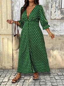 Breezaya Gaun Maxi Kasual Ukuran Besar dengan Kancing Depan Motif Bunga & Polkadot untuk Musim Gugur - Hijau - View 1