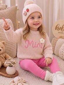 SHEIN Baby Girl Knit Solid Color Letter Pattern 3D Floral Casual Cute Baby Fairy Sweater Family Matching Photoshoot Pastel Pink Autumn - Beige - View 6