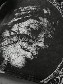 ROMWE MEN 男士深色做舊哥德字母石膏雕像印花街頭風長袖T恤 - 黑色 - 查看 8