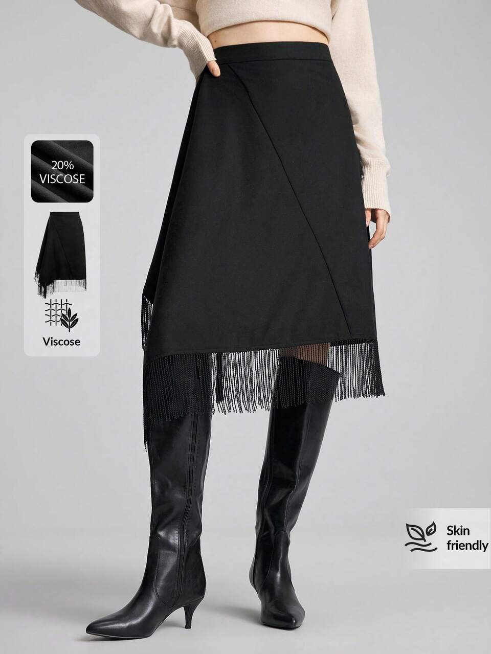 2026 New Autumn Women's Loose Fit Solid Black Tassel Patchwork A-Line Skirt, Casual Commute Urban Modern Minimalist Elegant Tea Party Independence Day Old Money Style Teacher Office Wear Holiday Vacation Date Outing Fashion Versatile Skirt
