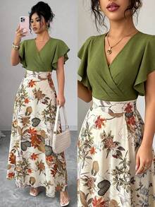 Elenzga Women's Elegant Ruffle Cap Sleeve Fitted Flared Dress, Green, Suitable For Commuting In Spring/Summer - Multicolor - View 1