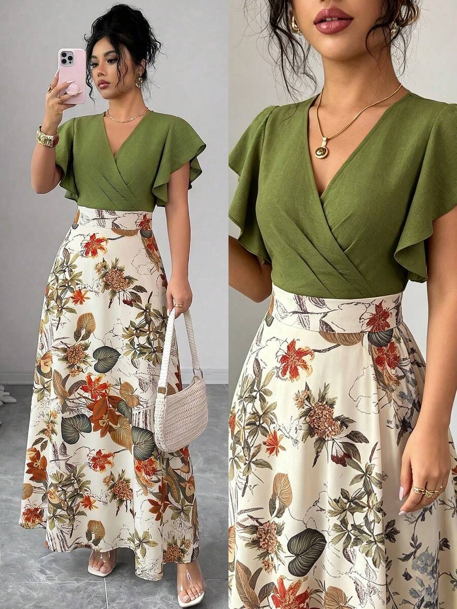 Elenzga Women's Elegant Ruffle Cap Sleeve Fitted Flared Dress, Green, Suitable For Commuting In Spring/Summer - Multicolor - View 1