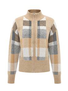 Balvessa Cardigan Rajut Jacquard Kotak-kotak Vintage dengan Resleting untuk Wanita, Kerah Setengah Tinggi, Panjang Sedang, Sweater Musim Gugur/Musim Dingin - MultiWarna - View 5