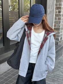 DAZY 青少年女孩秋季服飾 保暖內裡寬鬆休閒運動衫夾克 格紋拼接 寬鬆版型休閒格紋秋季休閒風 - 灰色 - 查看 3