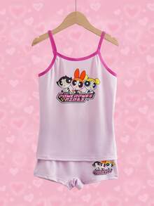THE POWERPUFF GIRLS X SHEIN 2pcs/Set Pakaian Dalam Anak Perempuan Remaja 8-12 Tahun, Model Camisole & Boxer Briefs, Motif Kartun Lucu - Berwarna merah muda - View 3