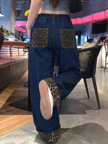 DAZY Tween女孩 寬鬆直筒休閒豹紋拼接水洗破洞牛仔褲，秋冬款 - 深色水洗藍 - 查看 1