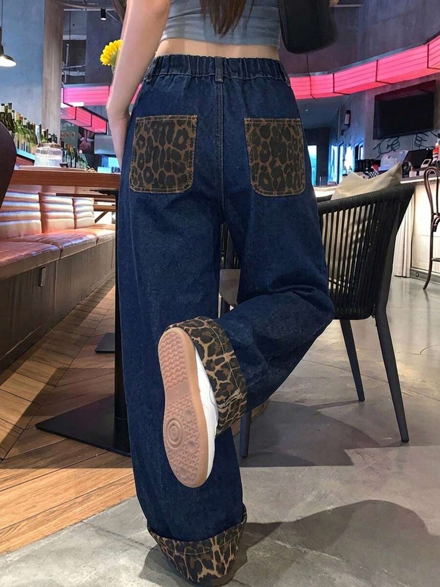 DAZY Tween女孩 寬鬆直筒休閒豹紋拼接水洗破洞牛仔褲，秋冬款 - 深色水洗藍 - 查看 1