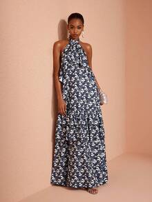 JIAN LASALA Knit Halter Neck Sleeveless Double Ruffle Layers Cold Shoulder Long Dress Elegant Tropical Jamaican Vacation Garden Party Navy Blue Floral Summer - Multicolor - View 6