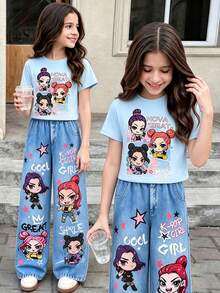 SHEIN 女童 T-shirt 套裝，紫色短袖圓領 T-shirt，附可愛卡通動漫印花與口袋，直筒長褲 2 件套，夏季兒童時尚穿搭，充滿活力夏日氛圍，適合旅行與上學 - 藍色 - 查看 3