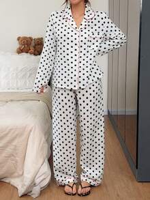Napfluff Polka Dot Bubble Crinkle Cardigan Lapel Long Sleeve Pajama Set For Women - Black and White - View 6