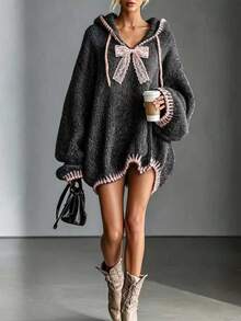 LUMIGAL Women's Lace Bow Decor Drop-Shoulder Long Sleeve Hooded Knit Dress - Dark Grey - View 1
