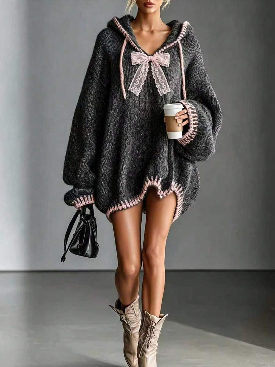 LUMIGAL Women's Lace Bow Decor Drop-Shoulder Long Sleeve Hooded Knit Dress - Dark Grey - View 1