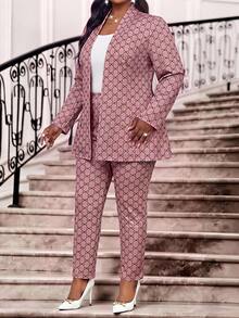 Fleurora Plus Size Women's Bow Pattern Long Sleeve Jacket And Pants Elegant Suit Set Teachers' Day Formal Dinner Brunch Office Fuchsia Pink Summer - Pink - View 5