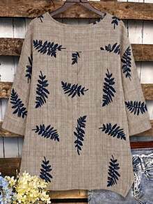 EMERY ROSE Plus Size Women's Faux Linen Printed High-Low Loose Asymmetrical Blouse, Round Neck 3/4 Sleeve Shirt, Suitable For Casual And Vacation Wear - Camel - View 2