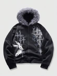ROMWE MEN Men's Angel Gothic Art Print Streetwear Plus Size Sweatshirt Hoodie - Black - View 1
