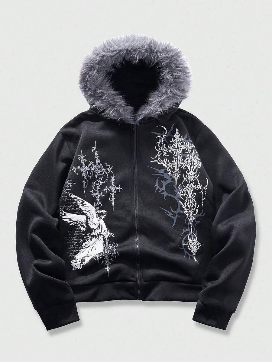 ROMWE MEN Men's Angel Gothic Art Print Streetwear Plus Size Sweatshirt Hoodie - Black - View 1