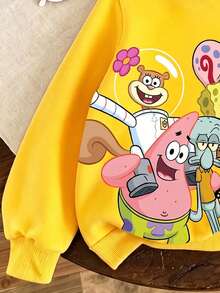 SpongeBob SquarePants | SHEIN GraphicGems 女童春秋連帽衛衣，彩虹藍可愛卡通印花，幼兒園生日仙女公主風 - 黃色 - 查看 5