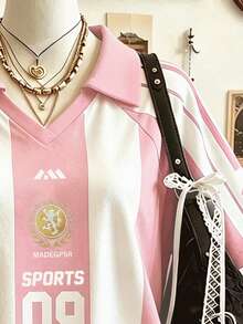 Lalippa 運動風條紋數位印花時尚簡約女款翻領V領落肩短袖T恤，送給朋友的禮物 - 彩色 - 查看 4
