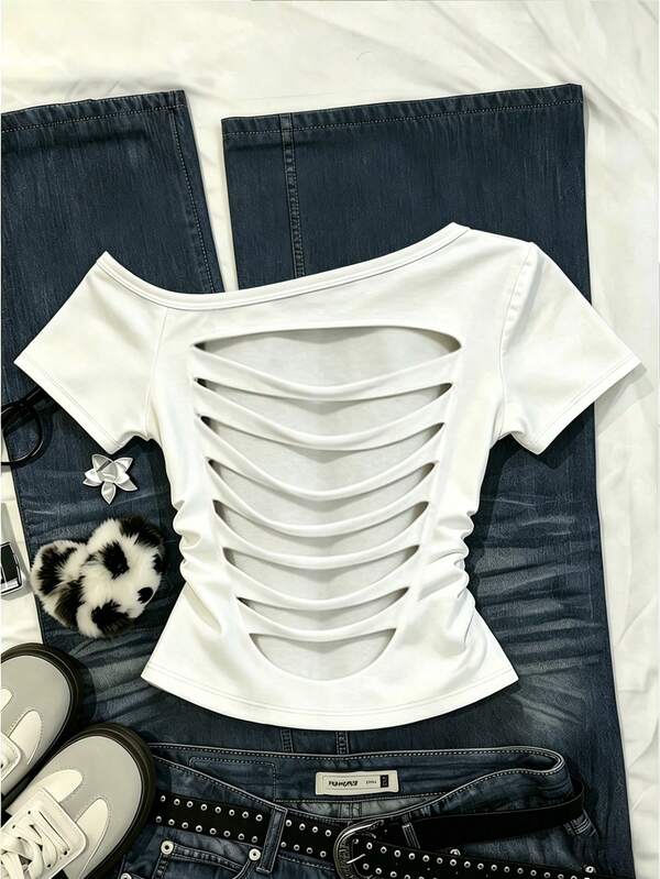 IslaSuriya Women's Solid Color Cutout Design Short Sleeve Casual T-Shirt