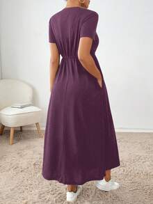 Dayvera Women's Casual Versatile Solid Color Drawstring Waist Short Sleeve Dress - Violet Purple - View 2