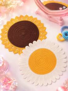 Zazumi 1PC Flower & Sunflower Shaped Table Mat, Imitate Hand Crochet Knitted Design Made Of Soft Milk Silk Fabric, Delicate Floral Hollow Embroidery Pattern, Heat Resistant, Anti-Slip, Stain Resistant And Easy To Clean Decorative Doily Table Runner - Multicolor - View 4